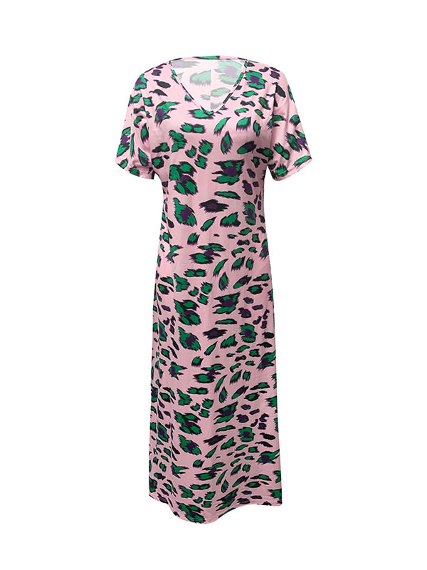 Loose Short Sleeves Printed Split-Side V-Neck Maxi Dresses