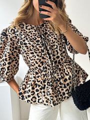 Half Sleeves Loose Elasticity Leopard Pleated Split-Joint Tied Round-Neck Blouses&Shirts Tops