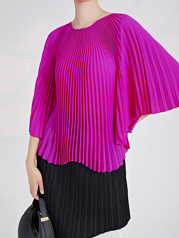 Batwing Sleeves Loose Pleated Solid Color Round-Neck T-Shirts Tops