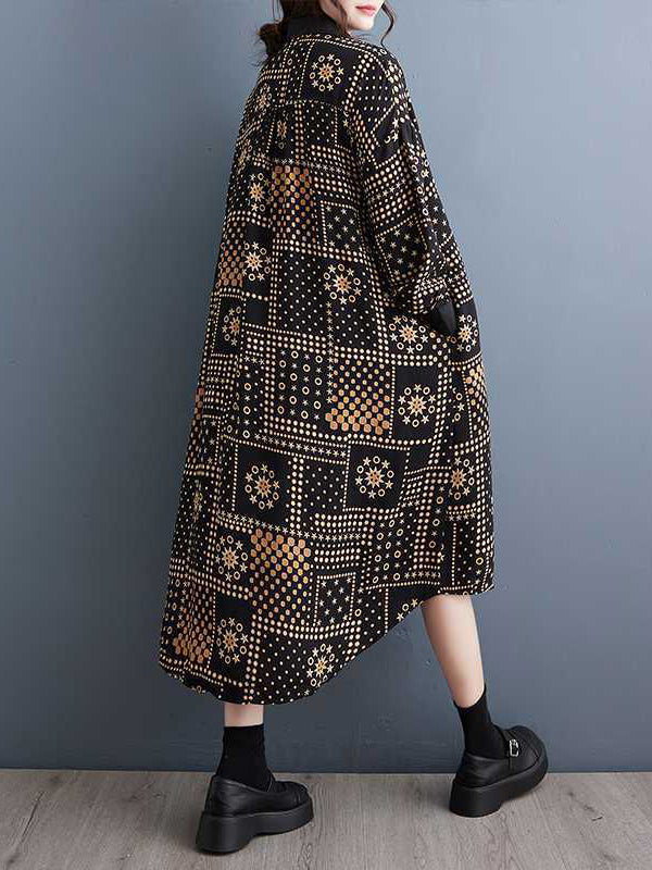 A-Line High-Low Asymmetric Buttoned Pockets Printed Split-Joint Lapel Midi Dresses