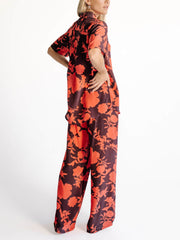 Exquisite Satin Vintage Rose Print Loose Wide-Leg Pants