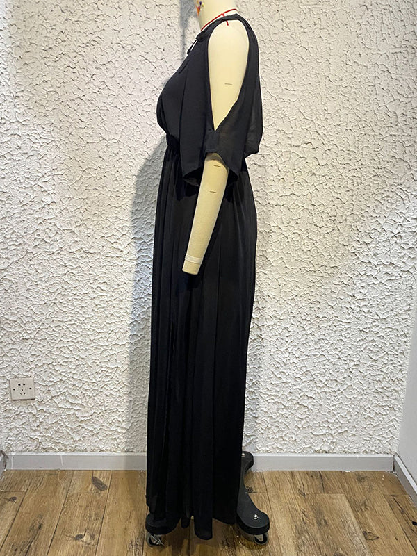 Batwing Sleeves Loose Solid Color Split-Front Deep V-Neck Maxi Dresses