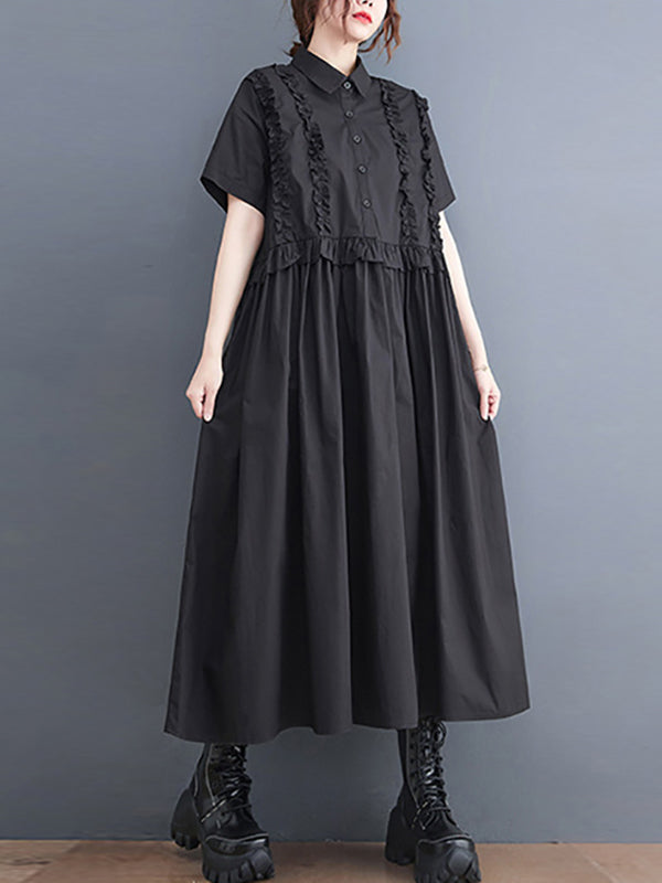 Simple Short Sleeves Loose Buttoned Falbala Split-Joint Solid Color Midi Shirt Dress