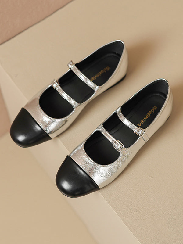 Belt Buckle Round-Toe Split-Joint Flat Shoes Mary Janes