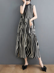 Loose Sleeveless Striped Stand Collar Midi Dresses