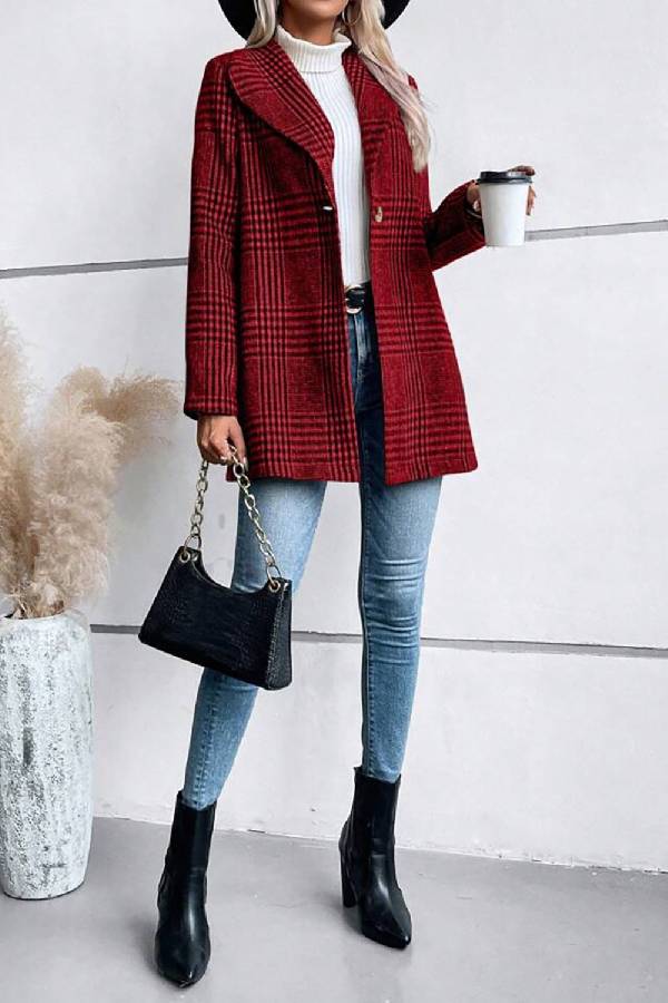 Style Collection Plaid Collared Neck Long Sleeve Jacket