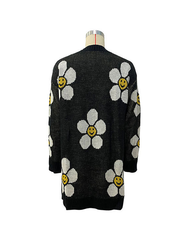 Loose Wrap Contrast Color Knitted Flower Cardigan Tops