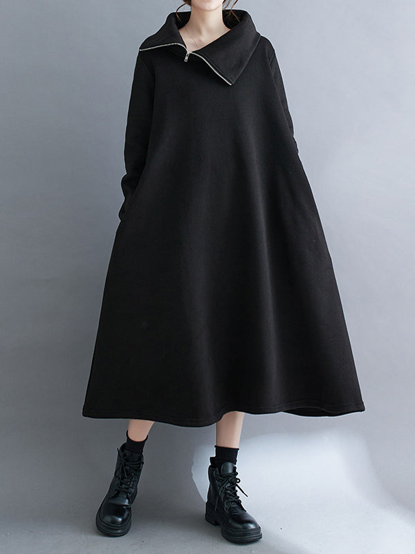 A-Line Long Sleeves Asymmetric Solid Color Zipper High Neck Midi Dresses