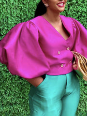 Stylish V-Neck Puff Sleeves Fuchsia Blouse