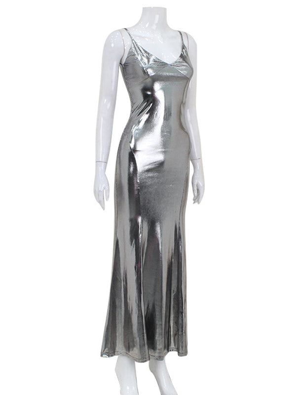 Sleeveless Shiny Solid Color Split-Joint Spaghetti-Neck Maxi Dresses