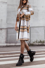 Women's Mid Length Double Breasted Plaid Print Woolen Coat