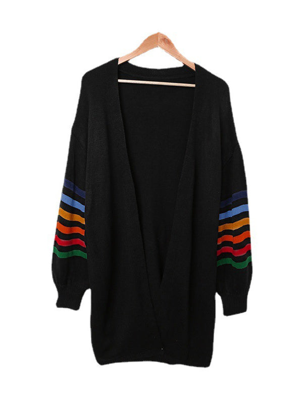 Long Sleeves Loose Colorful Contrast Color Striped Collarless Cardigan Tops