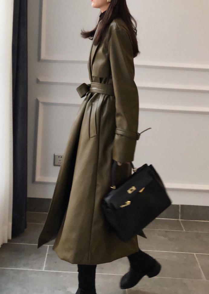 Olive Faux Leather Belted Trench Coat