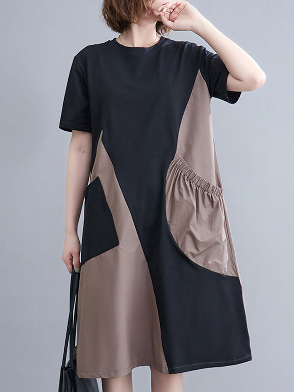 Original Loose Split-Joint Contrast Color Midi Dress