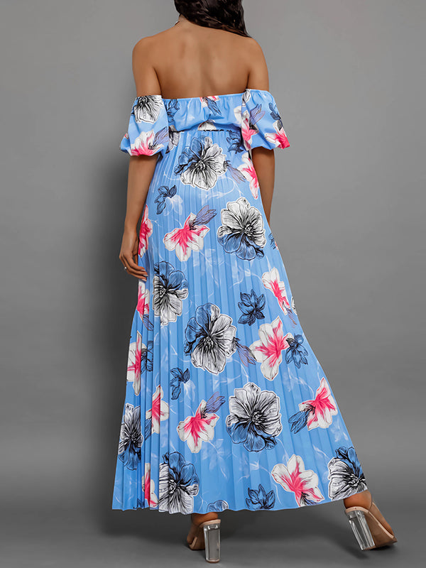 A-Line Loose Elasticity Flower Print Pleated Split-Joint Tied Waist Off-The-Shoulder Maxi Dresses