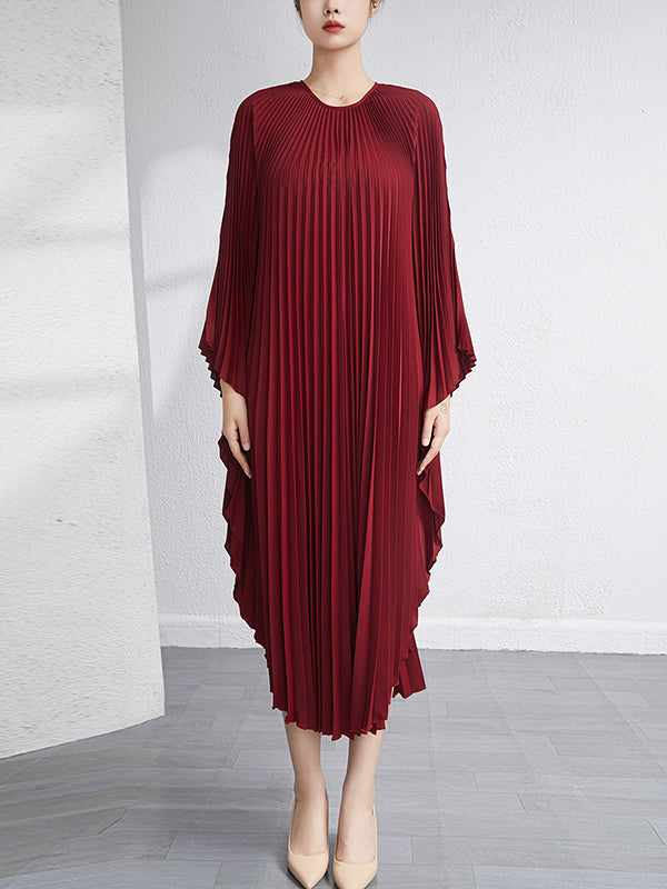 Batwing Sleeves Loose Pleated Solid Color Maxi Dresses