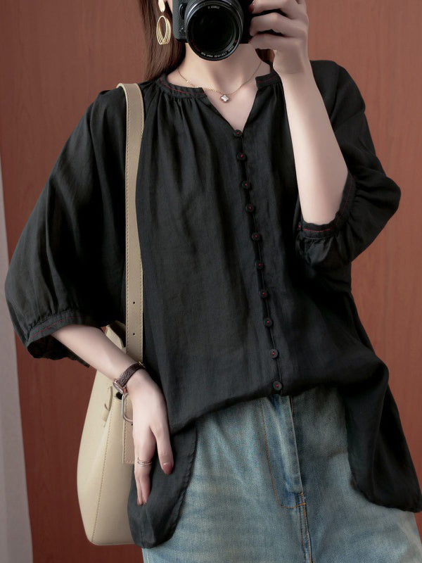 Simple Casual Solid Buttoned Pleated Blouse