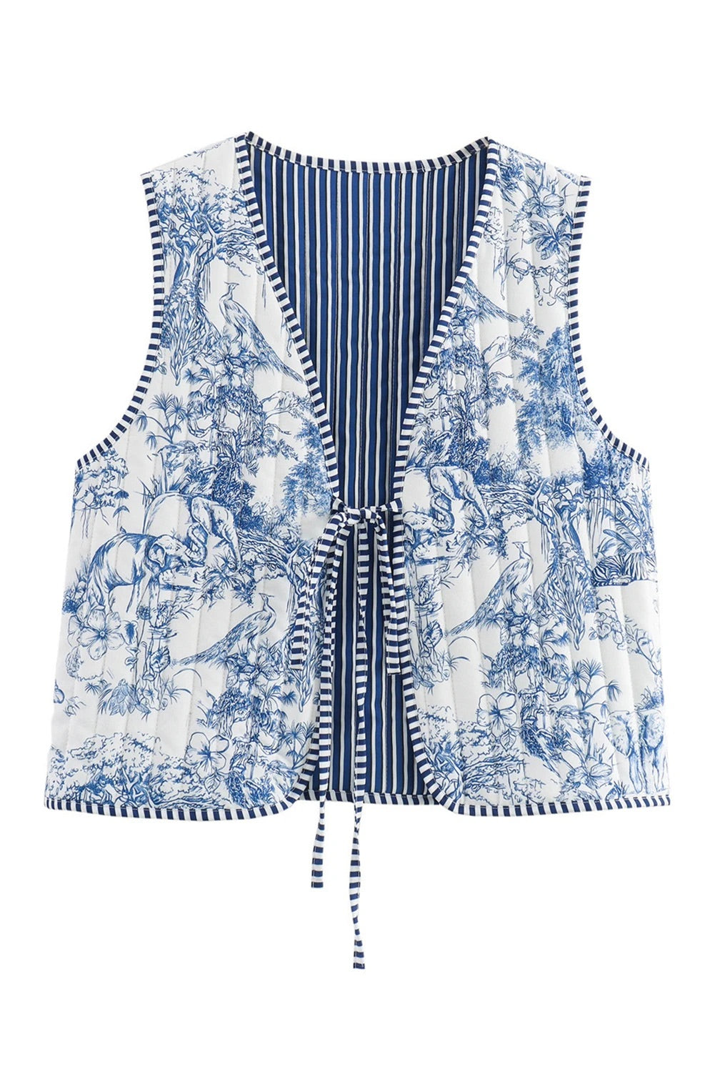 White Reversible Floral And Striped Boho Cardigan Vest