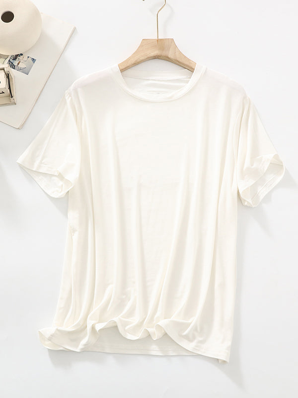 Loose Short Sleeves Solid Color Split-Joint Round-Neck T-Shirts Tops