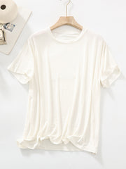 Loose Short Sleeves Solid Color Split-Joint Round-Neck T-Shirts Tops