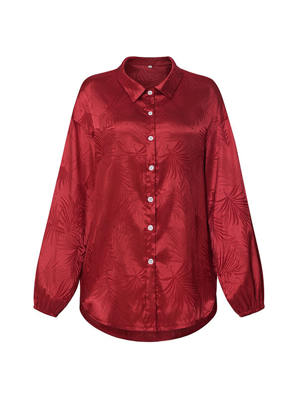 Loose Puff Sleeves Jacquard Split-Joint Lapel Blouses