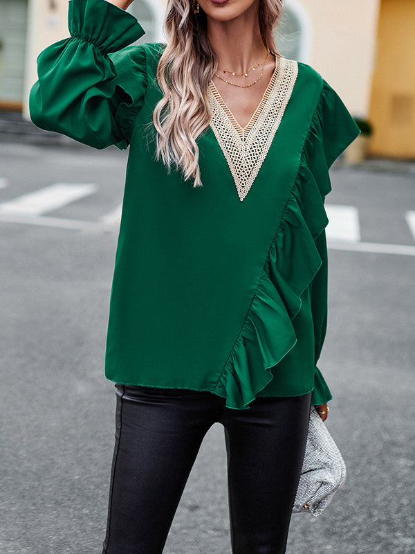 Long Sleeves Loose Asymmetric Hollow V-Neck Blouses&Shirts Tops