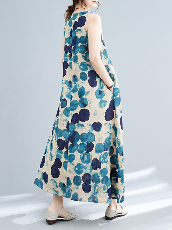 Loose Sleeveless Polka-Dot Round-Neck Maxi Dresses