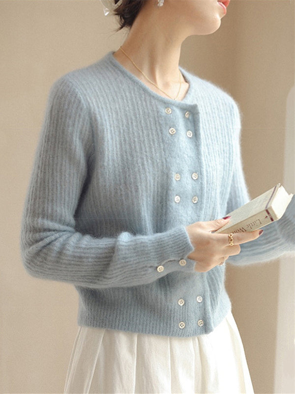 Urban Long Sleeves Buttoned Solid Color Round-Neck Cardigan Tops