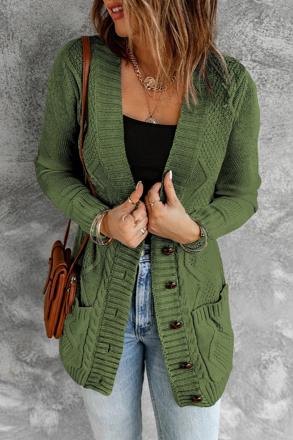 Green Front Pocket and Buttons Closure Cardigan