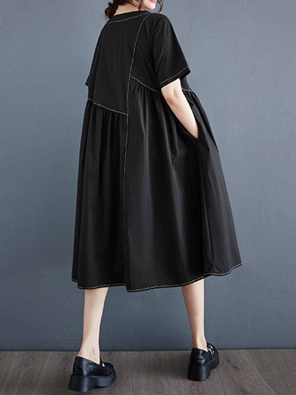 A-Line Loose Asymmetric Pleated Pockets Solid Color Split-Joint Round-Neck Midi Dresses