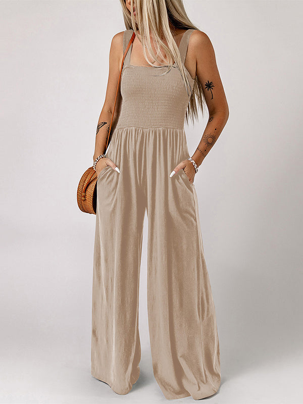 Sleeveless Wide Leg Pleated Solid Color Square-Neck Jumpsuits