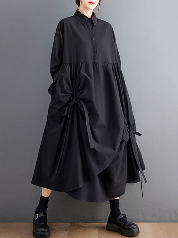 A-Line Long Sleeves Buttoned Pleated Pockets Solid Color Tied Lapel Midi Dresses Shirt Dress