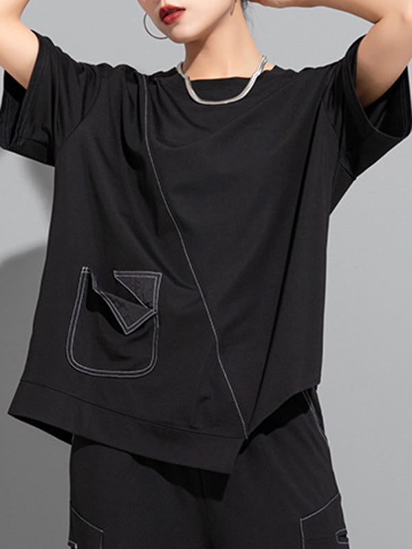 Loose Short Sleeves Asymmetric Solid Color Split-Joint Round-Neck T-Shirts Tops