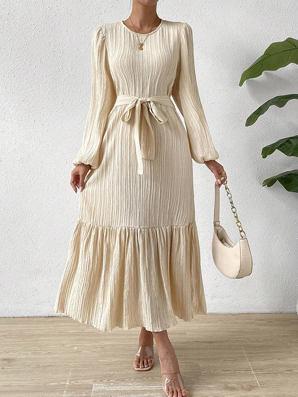 A-line Long Sleeves Elasticity Pleated Solid Color Split-Joint Tied Waist Round-neck Midi Dresses