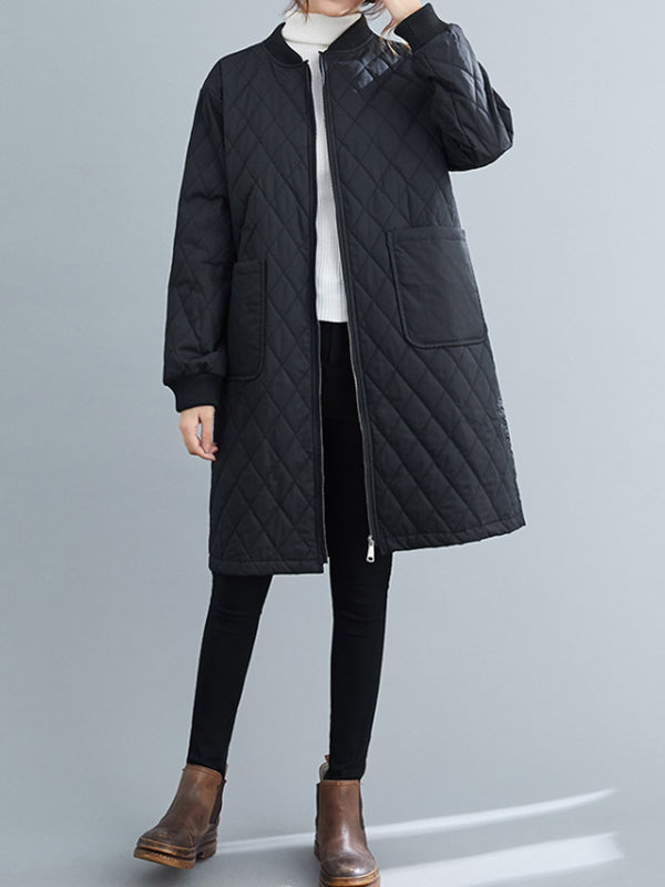 Long Sleeves Loose Pockets Quilted Solid Color Zipper Stand Collar Padded Coat