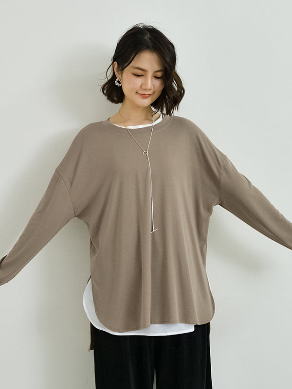 Simple Long Sleeves Loose Split-Side Solid Color Round-Neck T-Shirts Tops