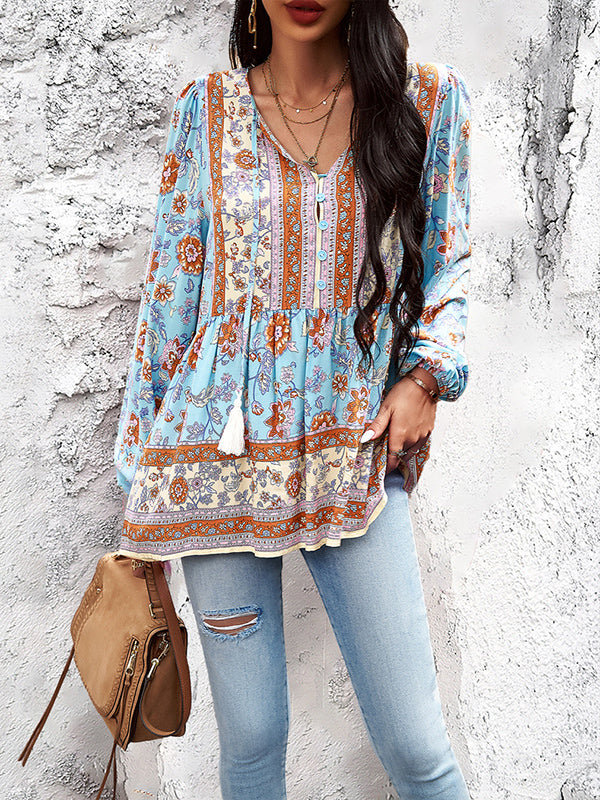 Long Sleeves Loose Buttoned Elasticity Flower Print Split-Joint Tasseled V-Neck Blouses&Shirts Tops