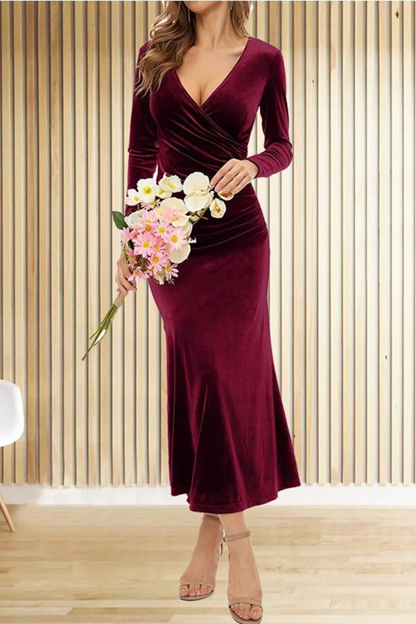 Solid Velvet Long Sleeve V Neck Slim Fit Fishtail Maxi Dress