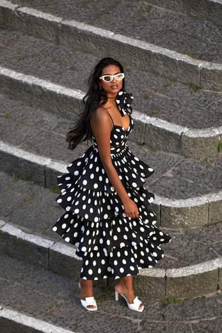 Verna Polka Dot Tiered Midi Dress