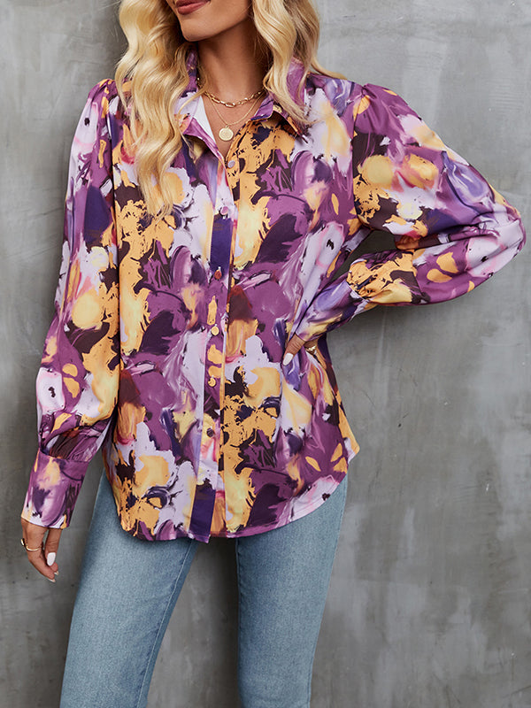 Long Sleeves Loose Buttoned Printed Split-Joint Lapel Blouses&Shirts Tops