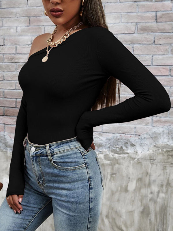 Long Sleeves Skinny Solid Color One-Shoulder T-Shirts Tops