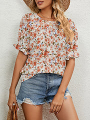 Loose Short Sleeves Elasticity Flower Print Ruffle Trim Round-Neck T-Shirts Tops