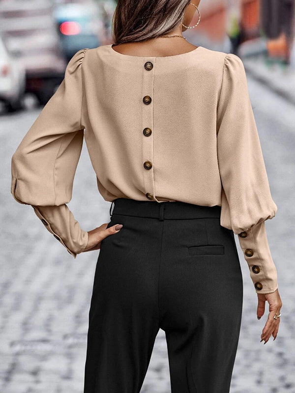 Long Sleeves Loose Buttoned Round-Neck Blouses&Shirts Tops