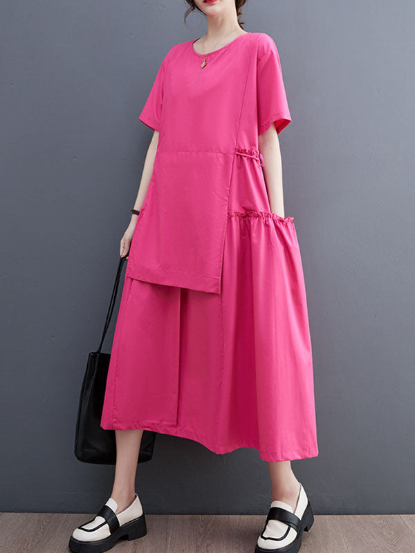 Loose Short Sleeves Solid Color Split-Joint Round-Neck Midi Dresses