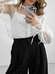 Long Sleeves Loose Buttoned Drawstring See-Through Lapel Blouses&Shirts Tops