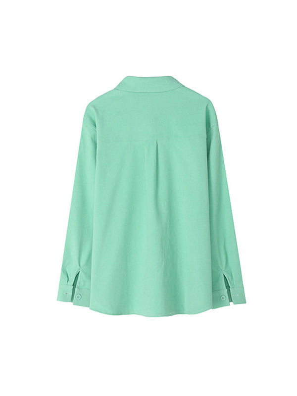 Long Sleeves Loose Solid Color Split-Joint Lapel Blouses