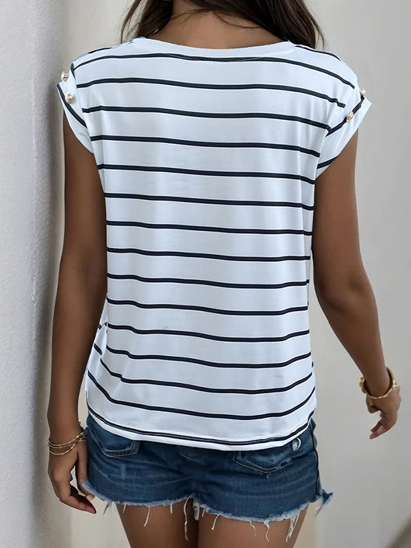 Loose Short Sleeves Split-Joint Striped Round-Neck T-Shirts