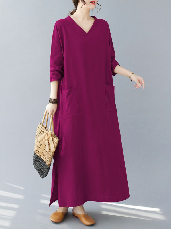 A-Line Long Sleeves Pockets Solid Color Split-Side V-Neck Maxi Dresses