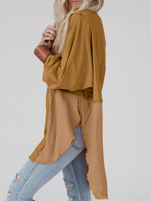 High-Low Long Sleeves Fringed Split-Joint Split-Side Round-Neck Sweatshirt Tops