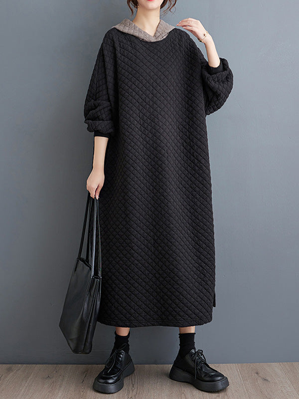 A-Line Long Sleeves Hooded Quilted Split-Side Midi Dresses